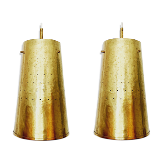 Set of 2 large Mid Century Modern perforated brass pendant lamps