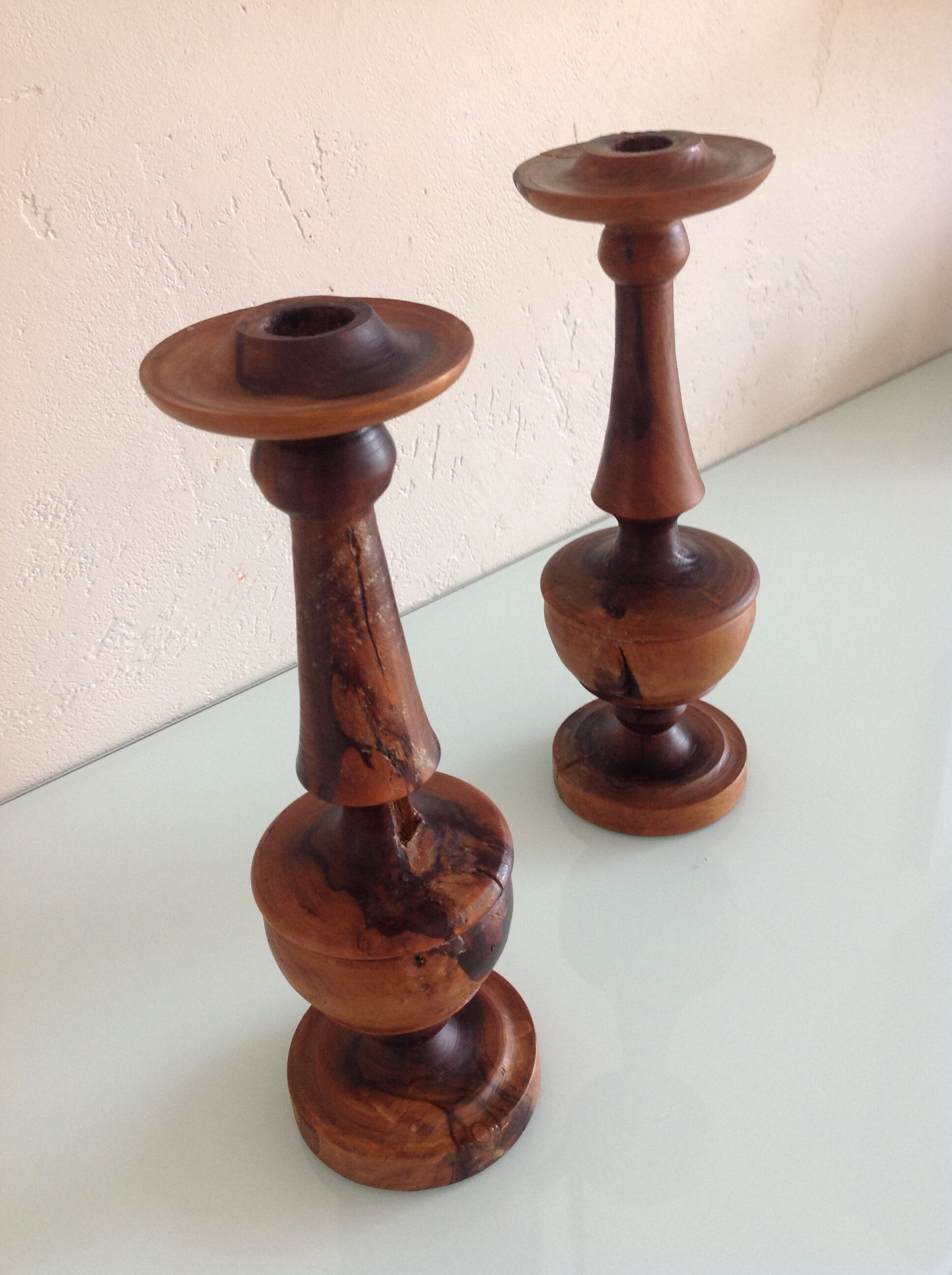 Pair of raw wood candlesticks