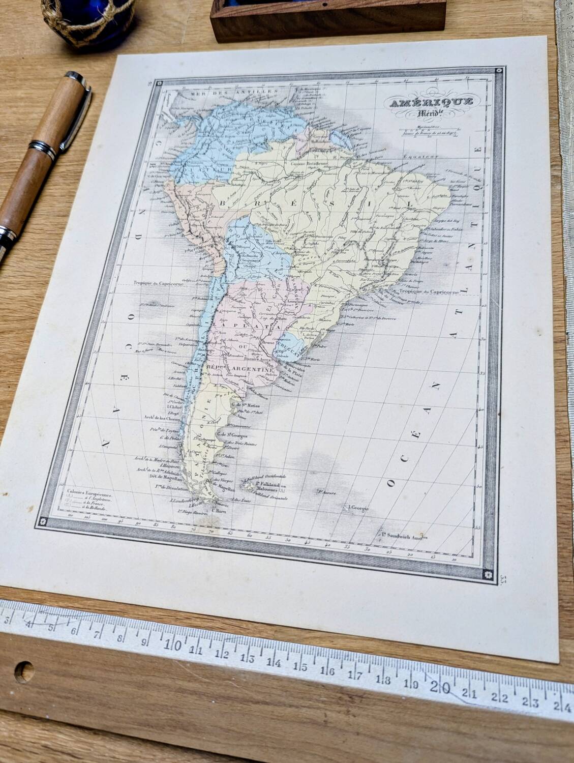 South America, antique map, printed in 1852. Authentic.