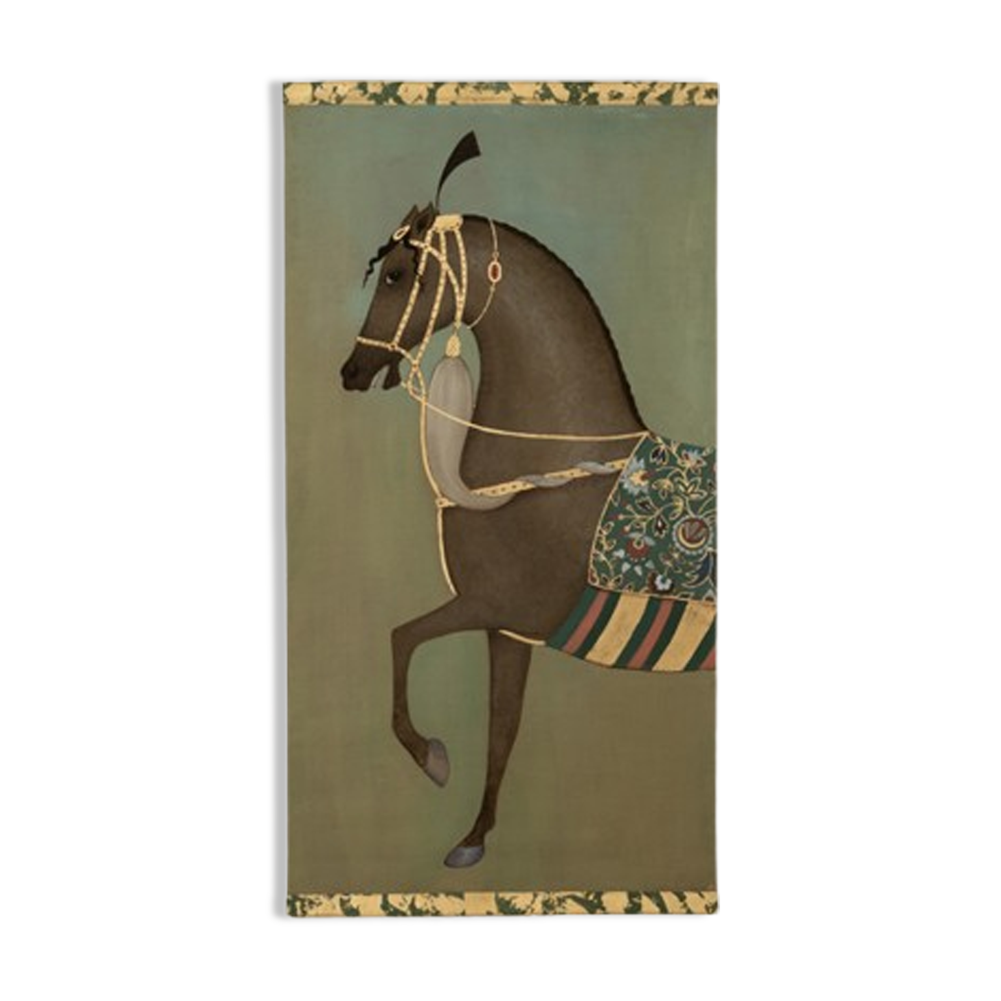 Painted canvas featuring a brown-coated Indian horse in profile. Contemporary.