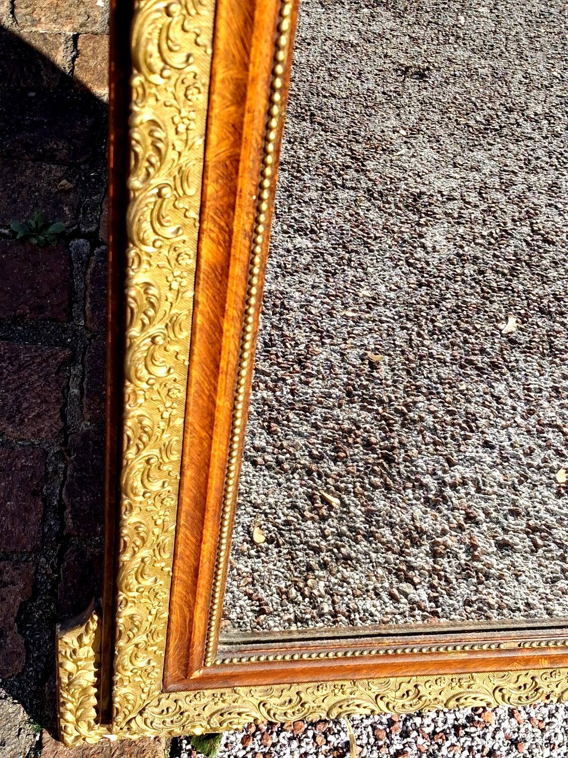 Authentic original Italian fireplace mirror, frame and pediment.