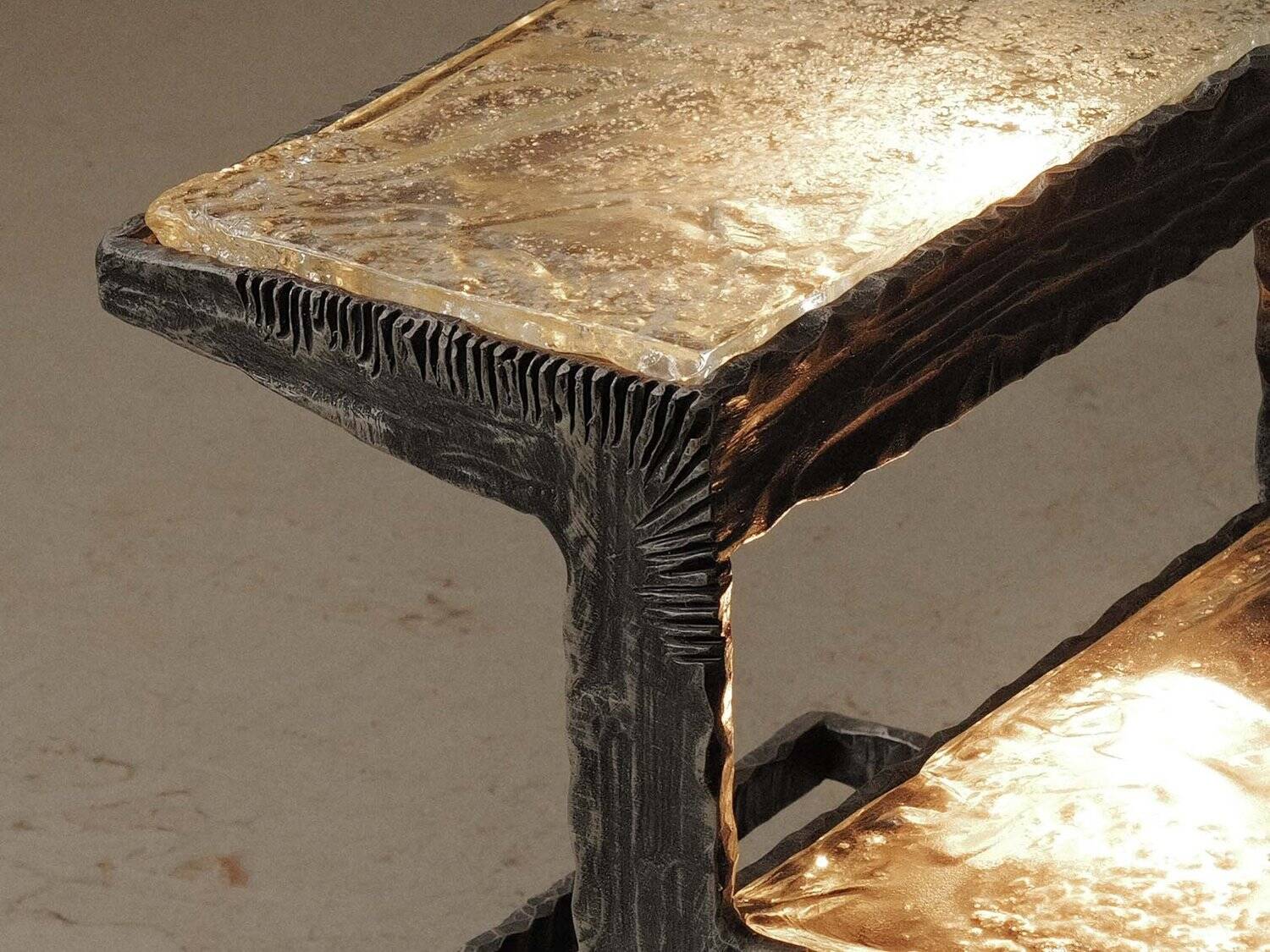 Illuminated side table in wrought iron, France, circa 1970.