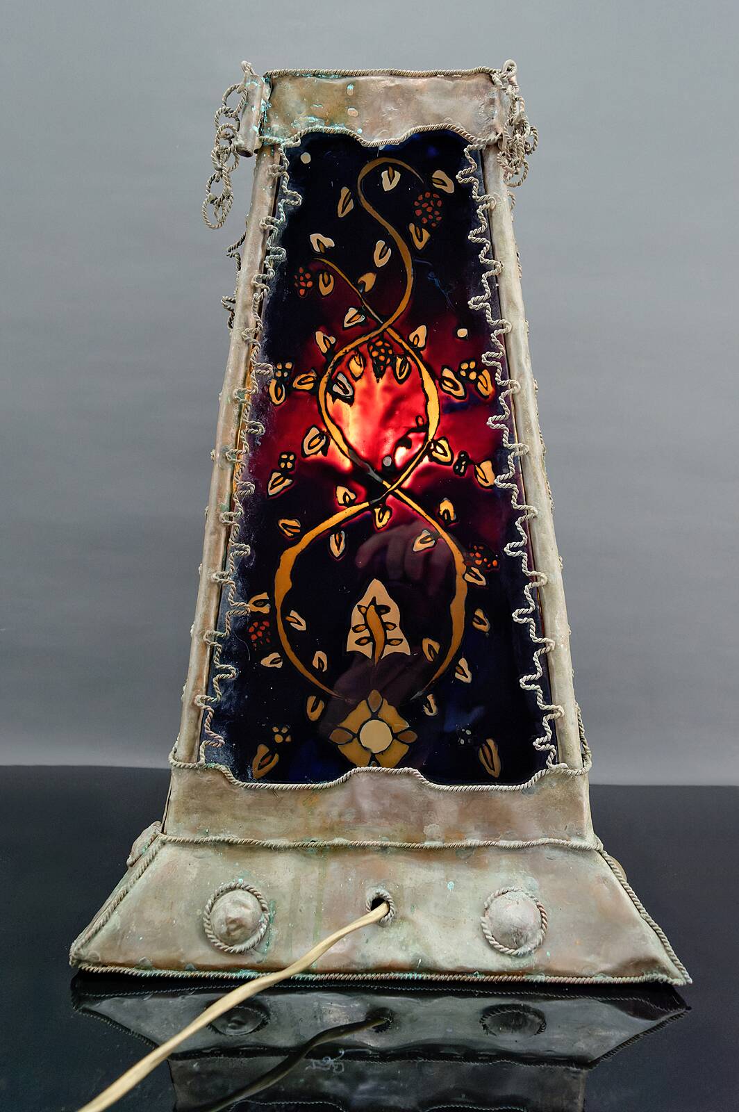 Moorish style lamp in patinated copper and painted glass, France, Mid-Century