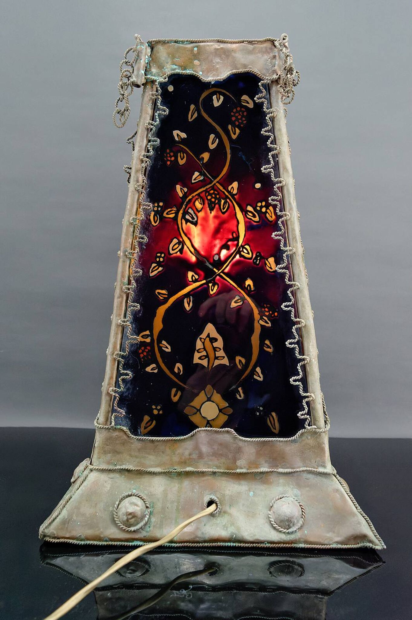 Moorish style lamp in patinated copper and painted glass, France, Mid-Century