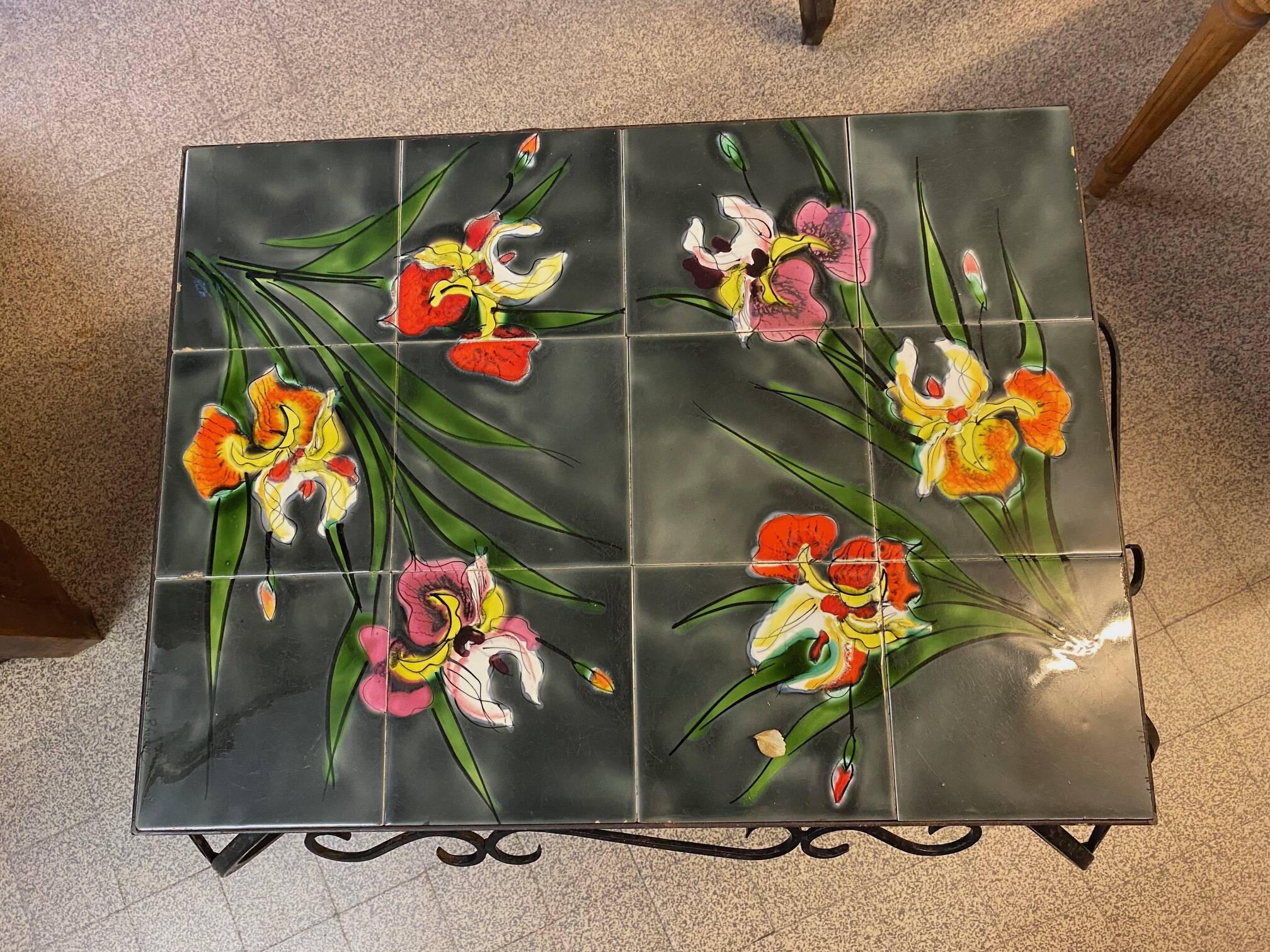 Vallauris coffee table signed rheaul faience tiles, flowers and wrought iron
