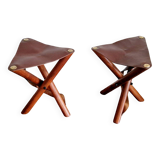 Set of teak and leather tripod stools