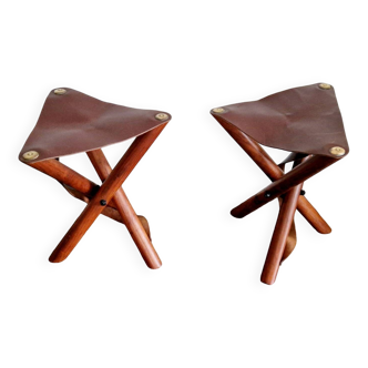 Set of teak and leather tripod stools