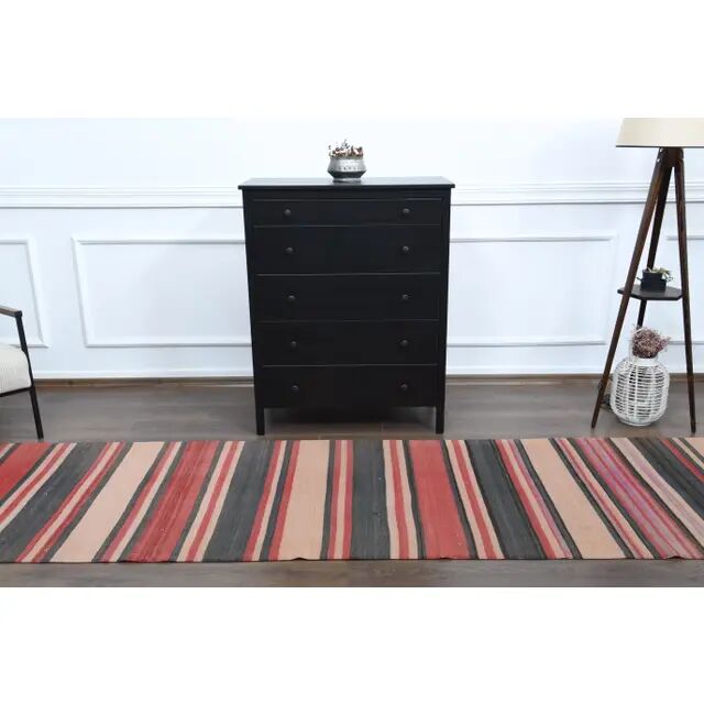 Tapis couloir turc Oushak fait main en laine et coton rouge des années 1970, 90x403.