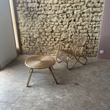 Ensemble table basse et fauteuils en roseau - années 50