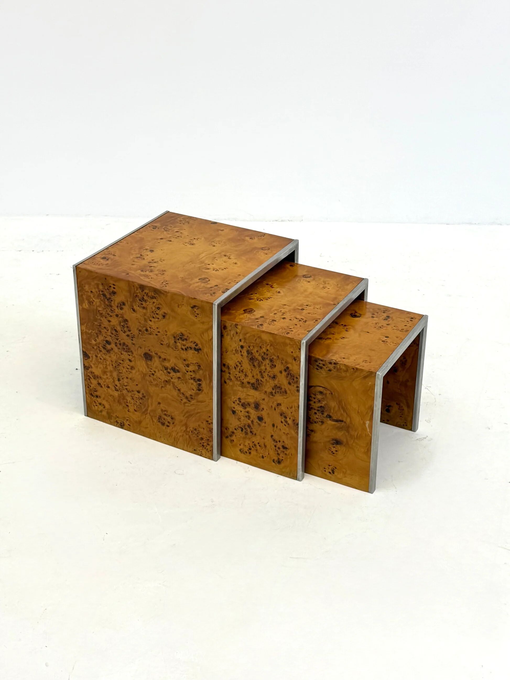 Set of three Tommaso Barbi mid-century modern burl wood nesting tables