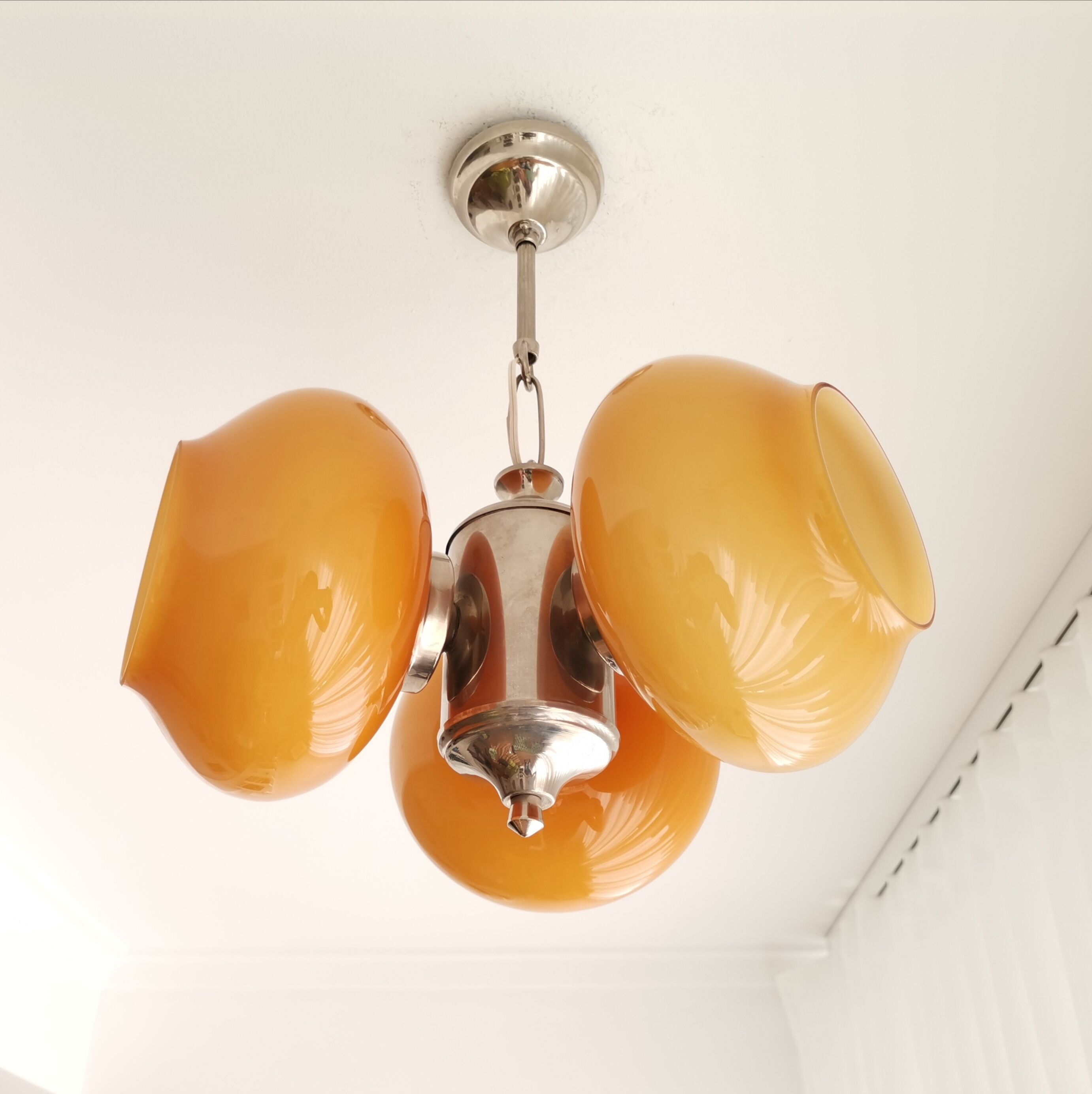 Vintage mid century modern 3-light orange glass chandelier
