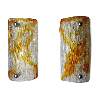Pair of Murano Mazzega wall lamps, orange frosted glass, Italy, 1960