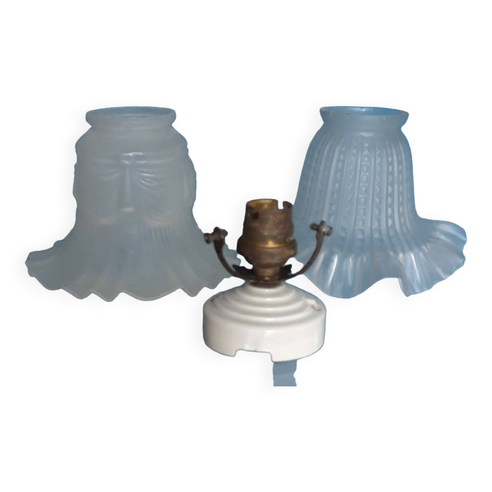 Pair of Art Nouveau 1900 frosted glass ceiling lights and their base