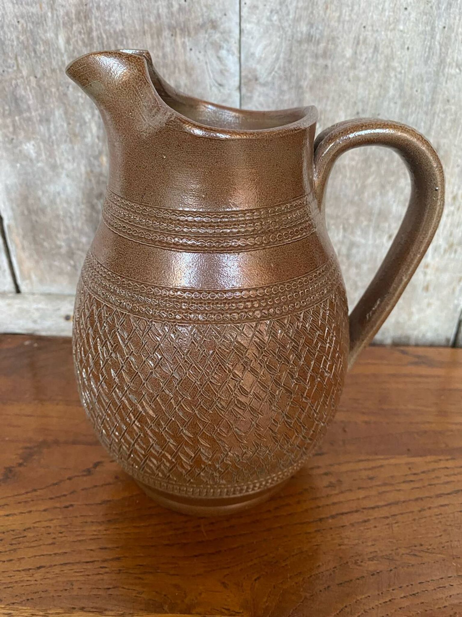 Antique brown stoneware pitcher geometric chiseled decor made in france vintage