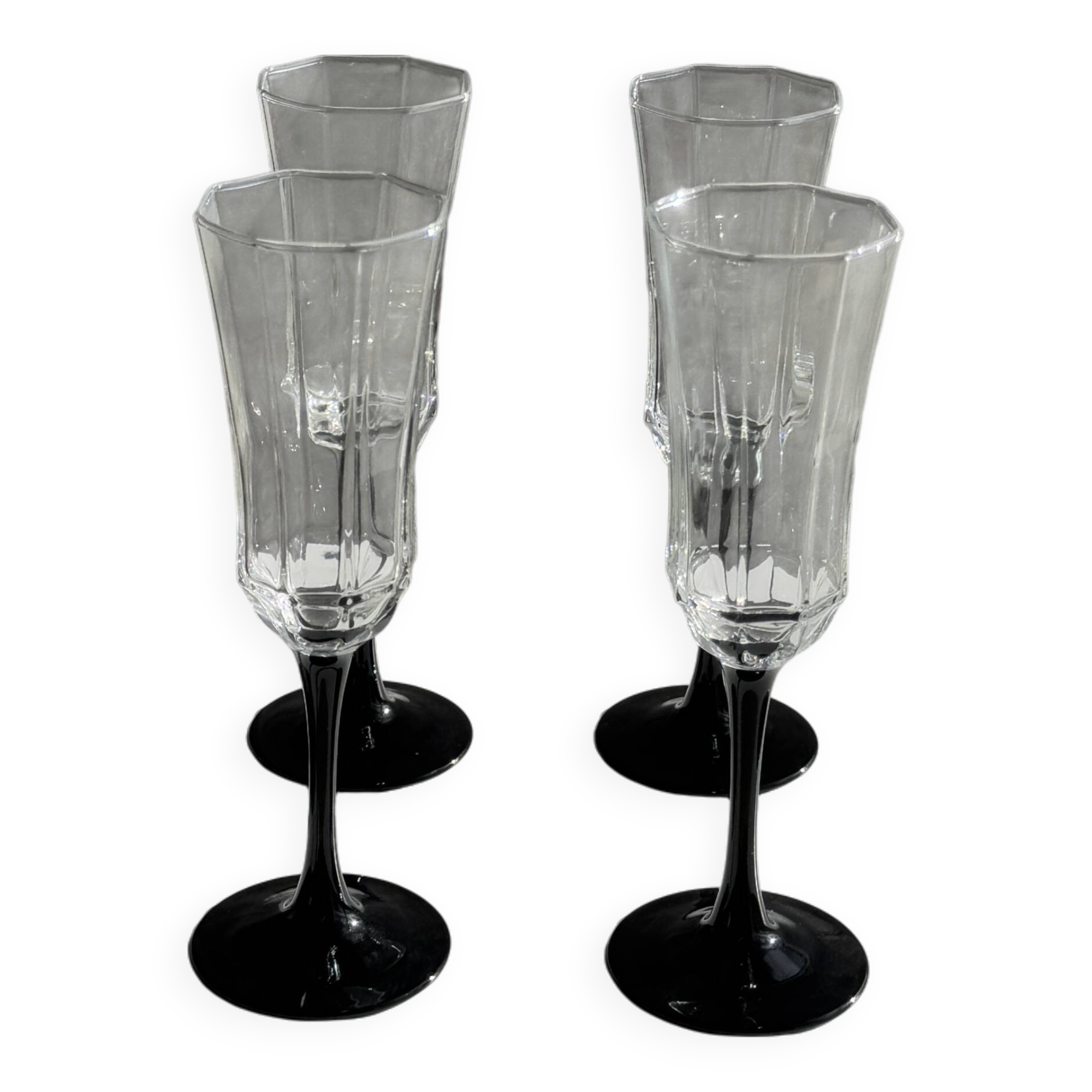 4 large Luminarc Octime vintage octagonal champagne flutes with black foot