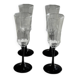 4 large Luminarc Octime vintage octagonal champagne flutes with black foot