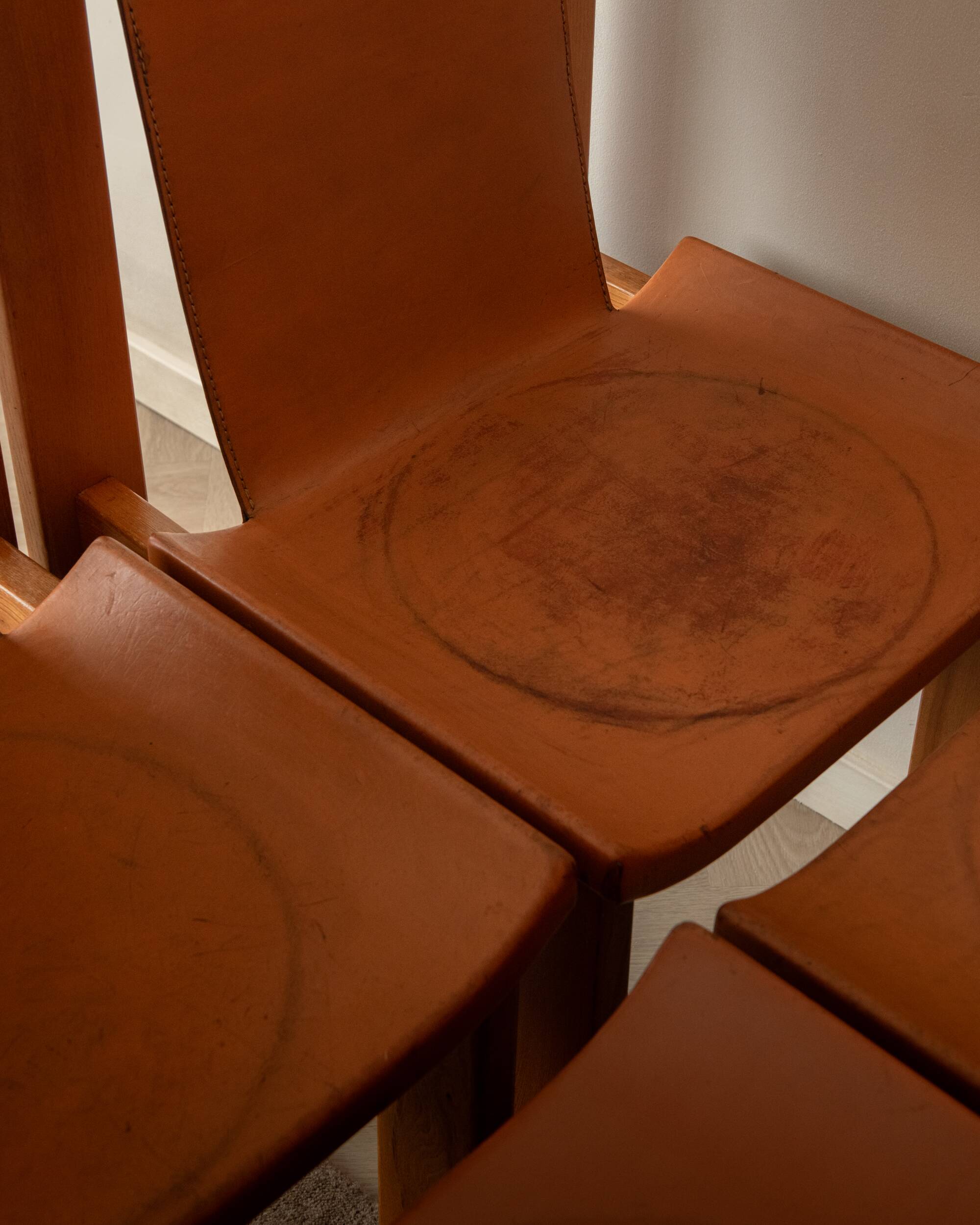 Wood Leather Dining Chairs Luigi Gorgoni Roche Bobois, 1970s, Set of 7