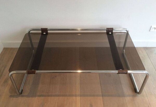 Table basse en chrome, cuir et verre fumé