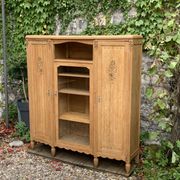 Asymmetrical Art Deco glass-fronted Parisian wardrobe in raw oak, 1930.