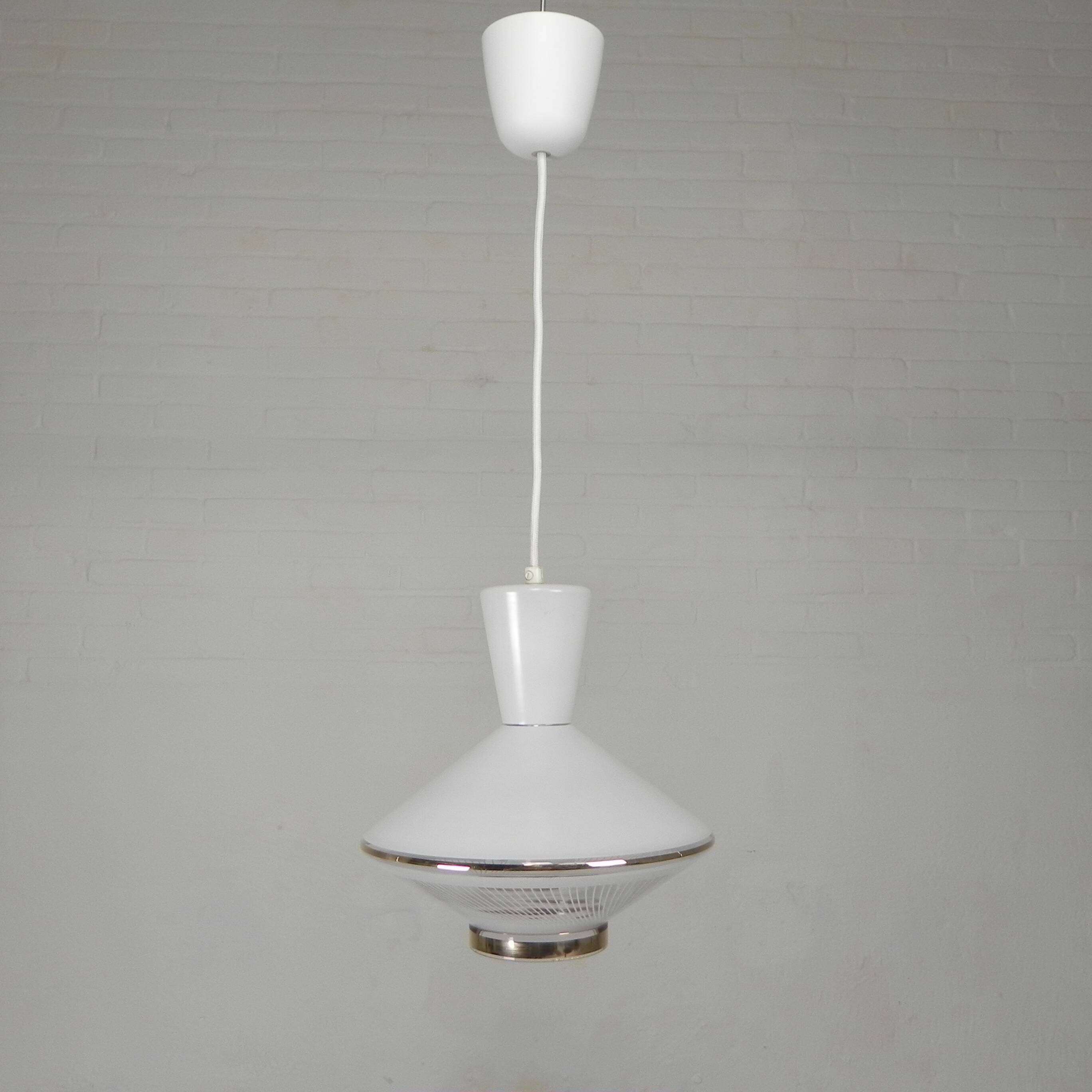 UFO-shaped pendant lamp with white glass on top and clear glass with white
