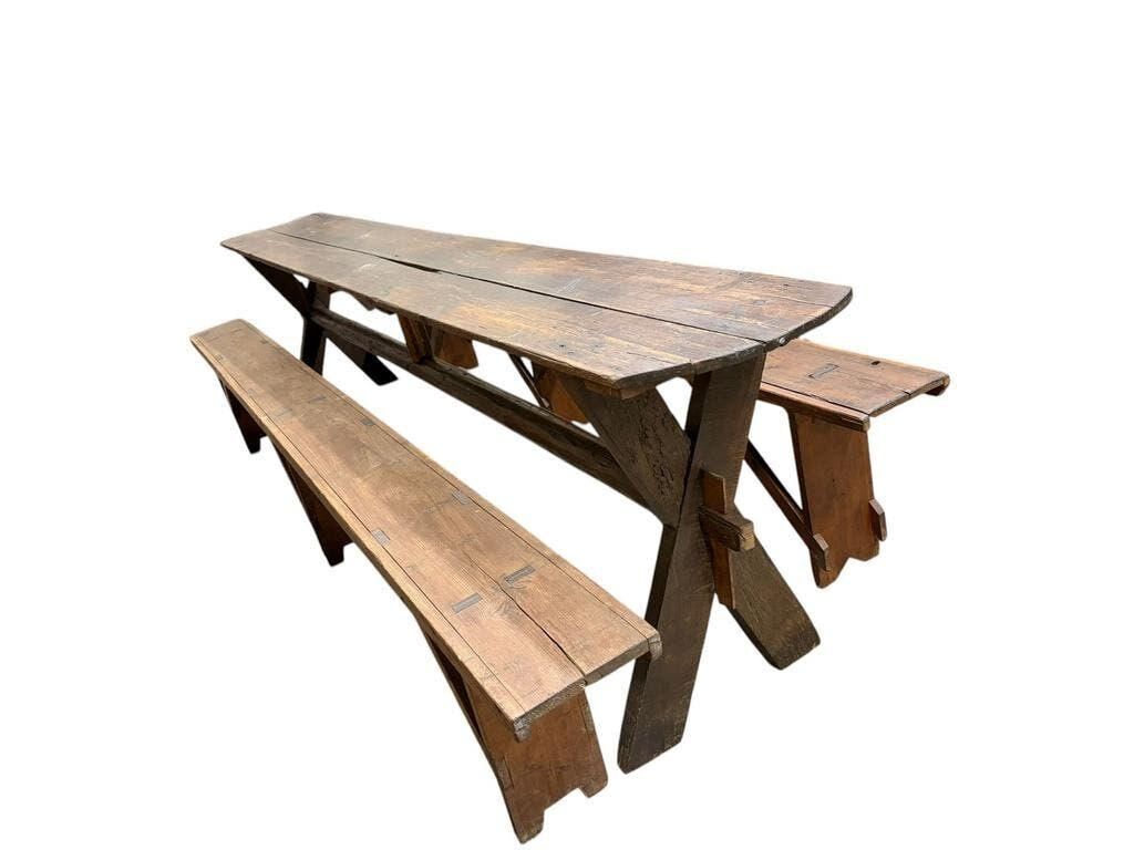 Table XL vintage en bois / Table de jardin avec bancs intégrés