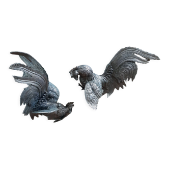 2 silver metal roosters