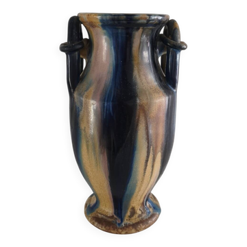 Grand vase balustre en grès flambé à anneaux - Poterie Renault Argent