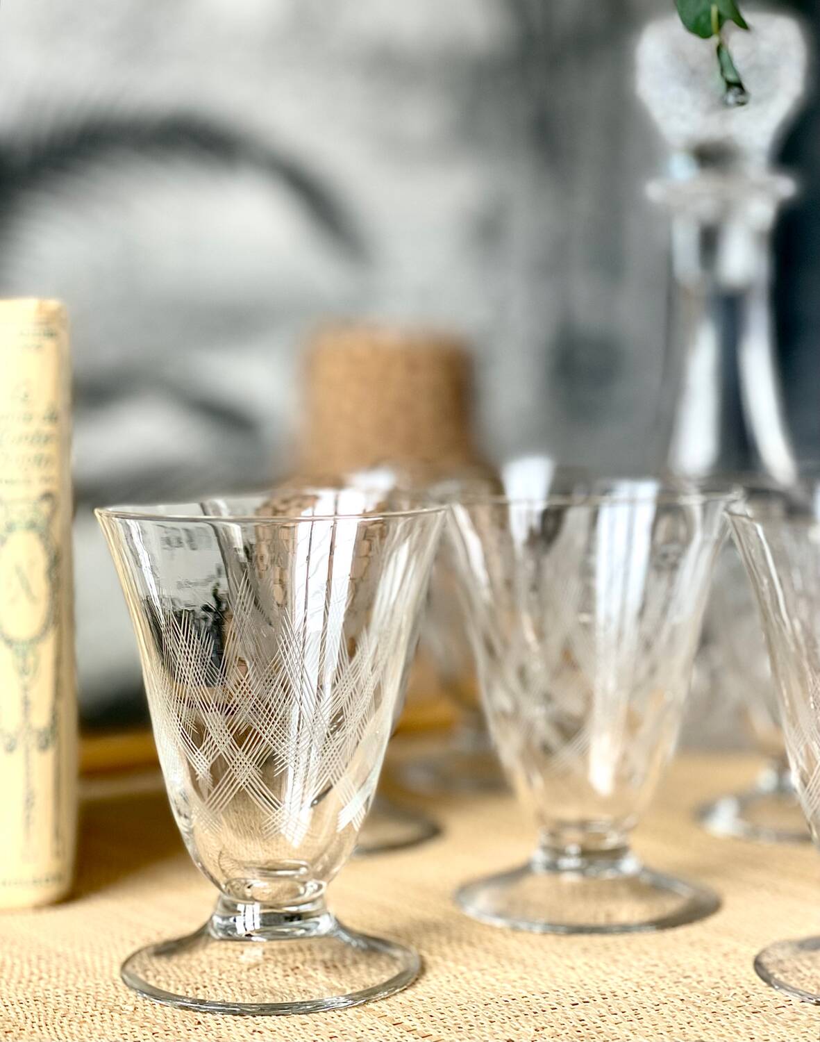 6 engraved wine glasses.