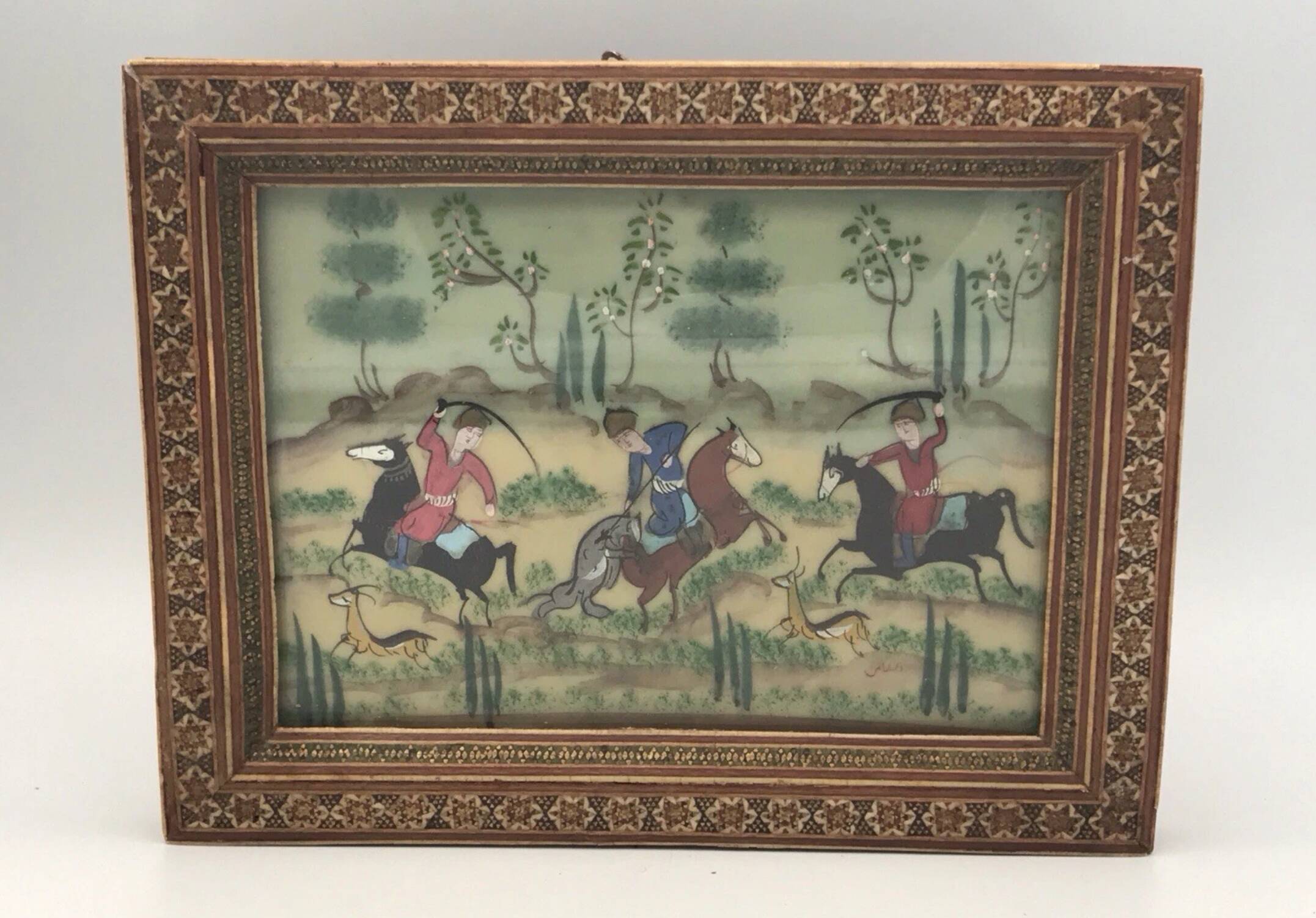 Ancient Indo-Persian painting with wooden mosaic frame