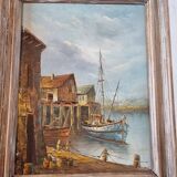 Peinture sur toile peinte à l'huile originale signée scènes de bateaux et de port du début du 20ème