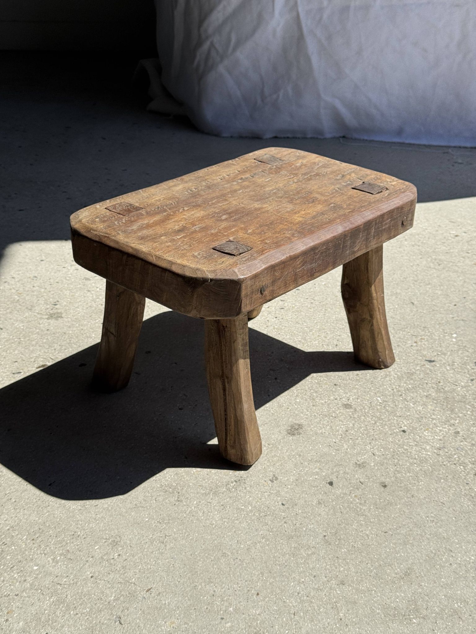 Small stool, rectangular rounded solid teak side table wabi-s