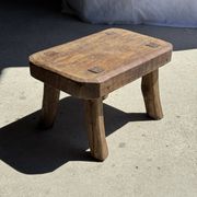 Small stool, rectangular rounded solid teak side table wabi-s