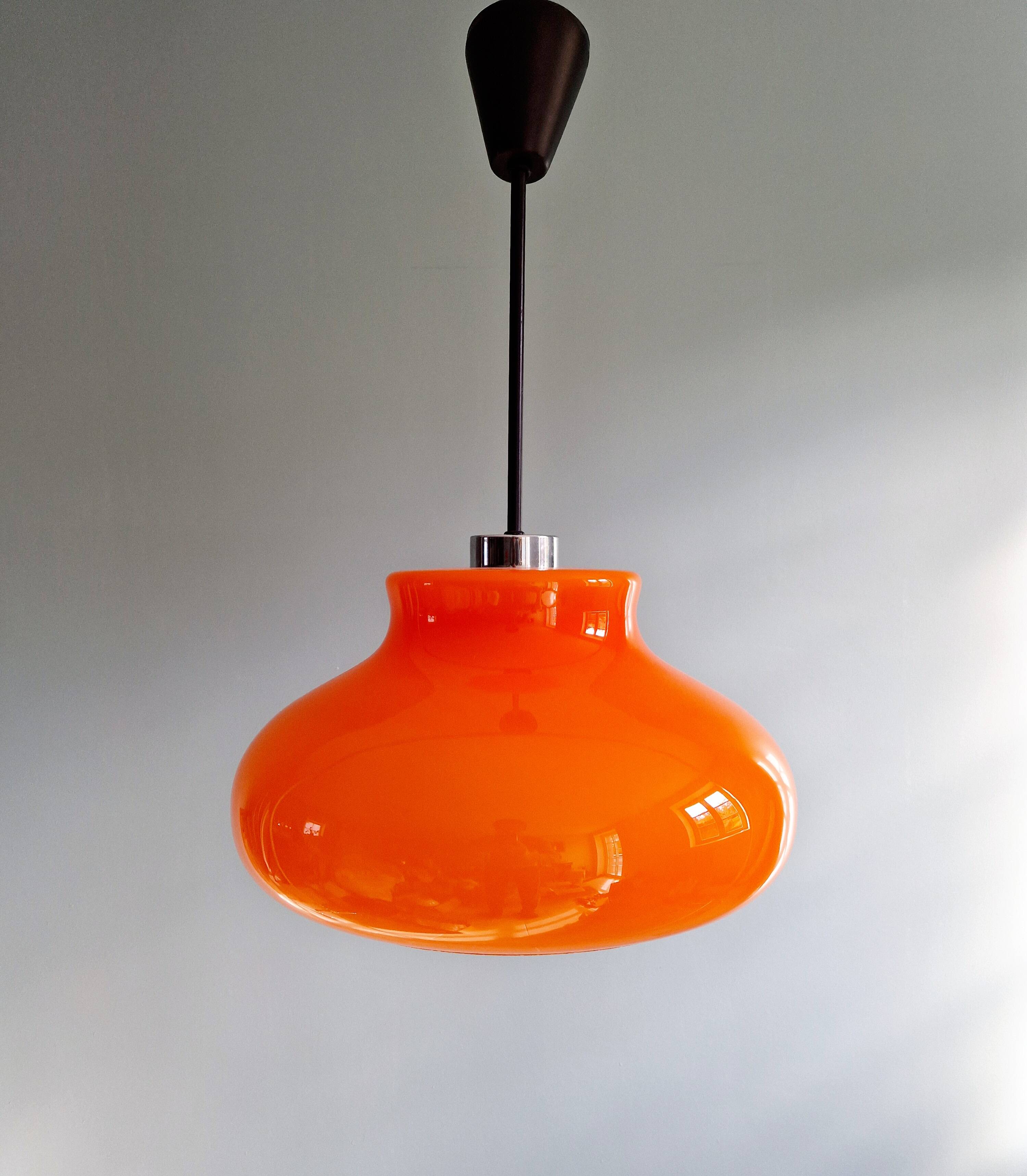 Large vintage pendant light in orange opaline, 1970s