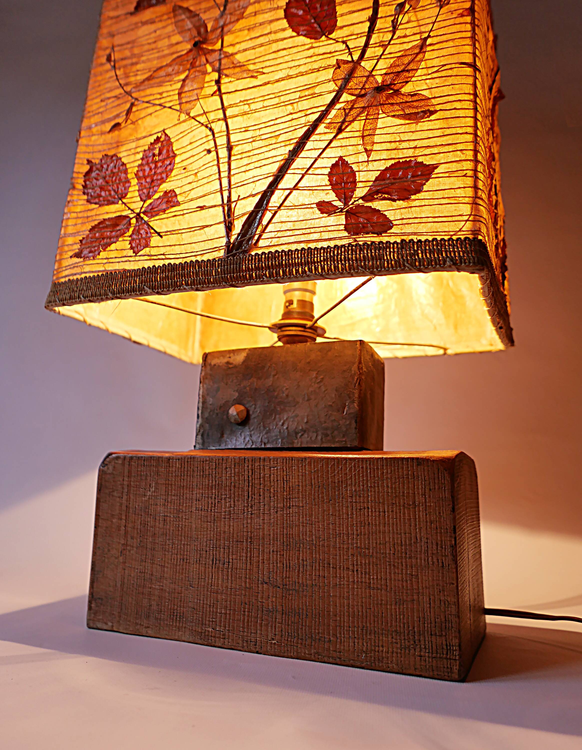 Large vintage lamp from the 70s, 1970 design, wood, metal, fabric.