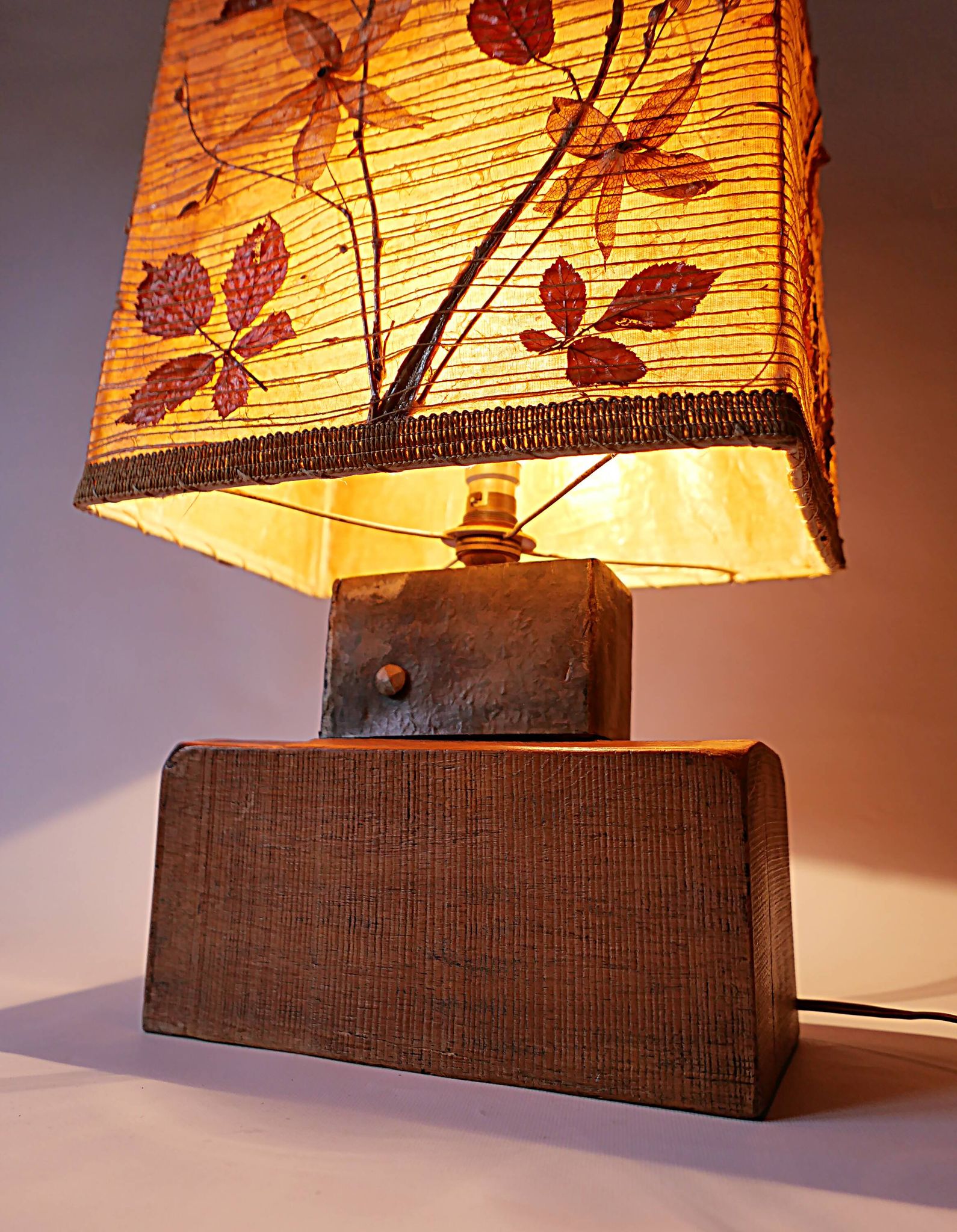 Large vintage lamp from the 70s, 1970 design, wood, metal, fabric.