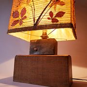 Large vintage lamp from the 70s, 1970 design, wood, metal, fabric.