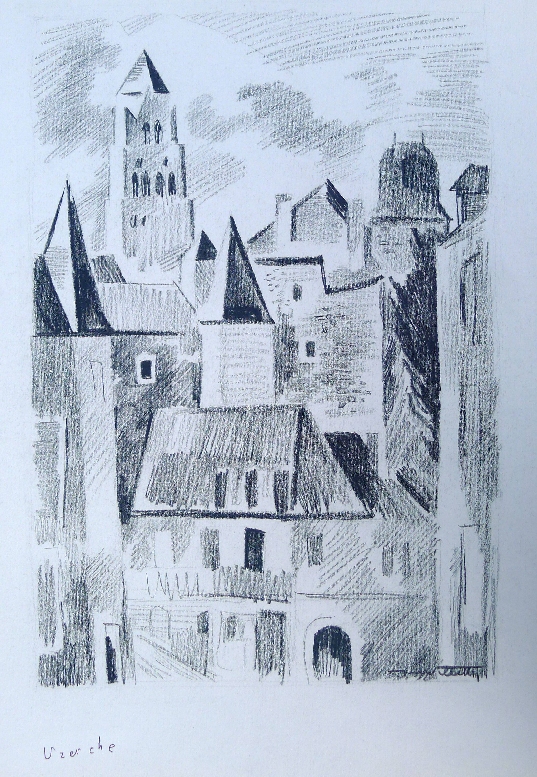 Uzerche, original black chalk drawing by Jean Villette (1913-2005)