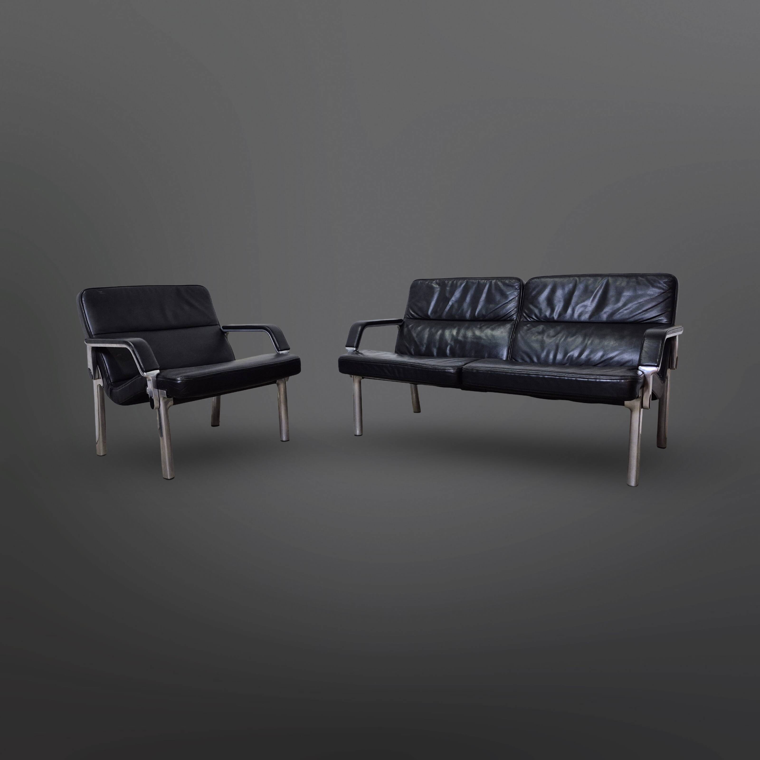 Postmodern black leather seating group, Germany 1980s