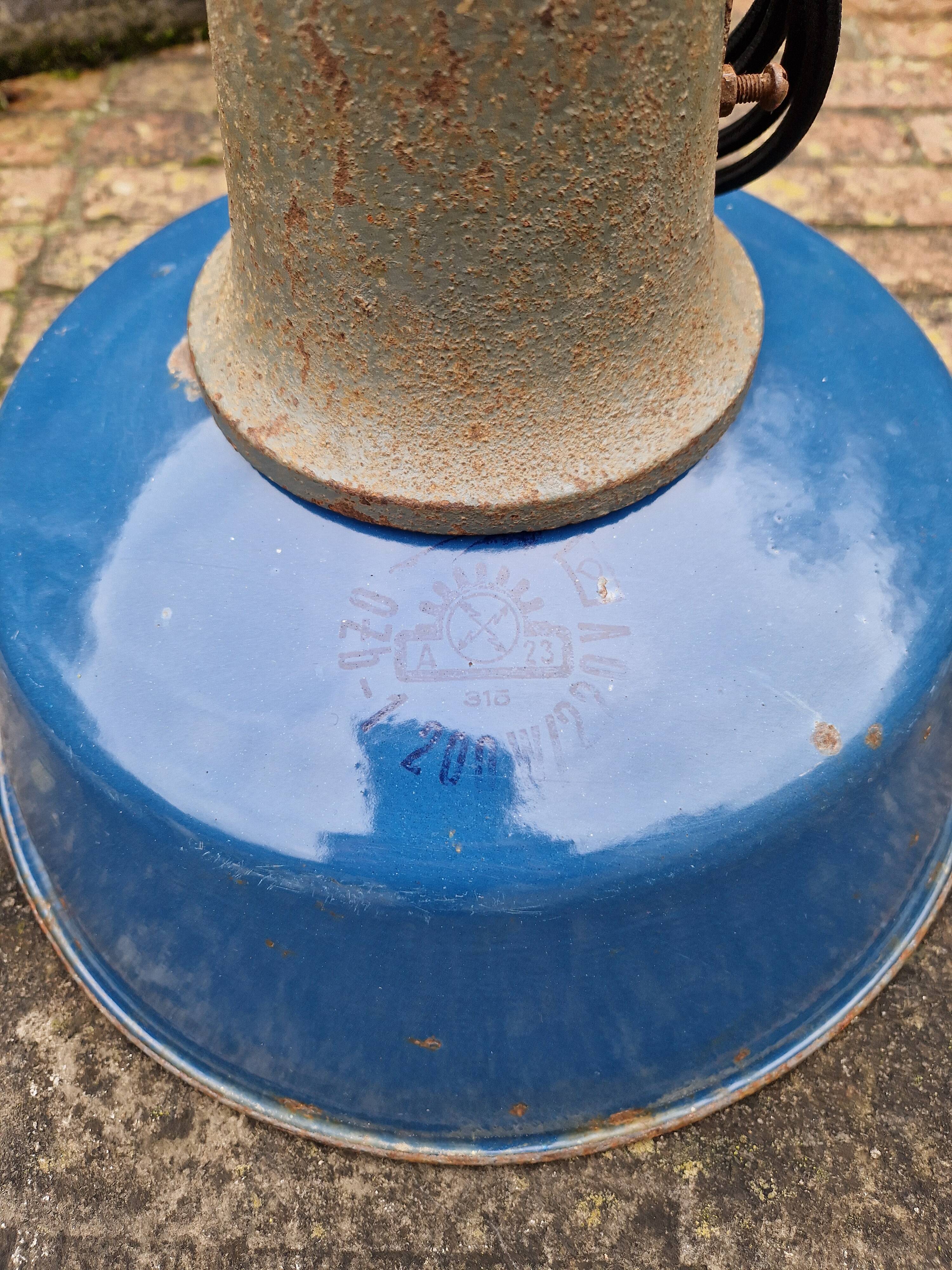 Industrial pendant light in blue enamelled sheet metal and cast iron, Poland, 1950s-60s