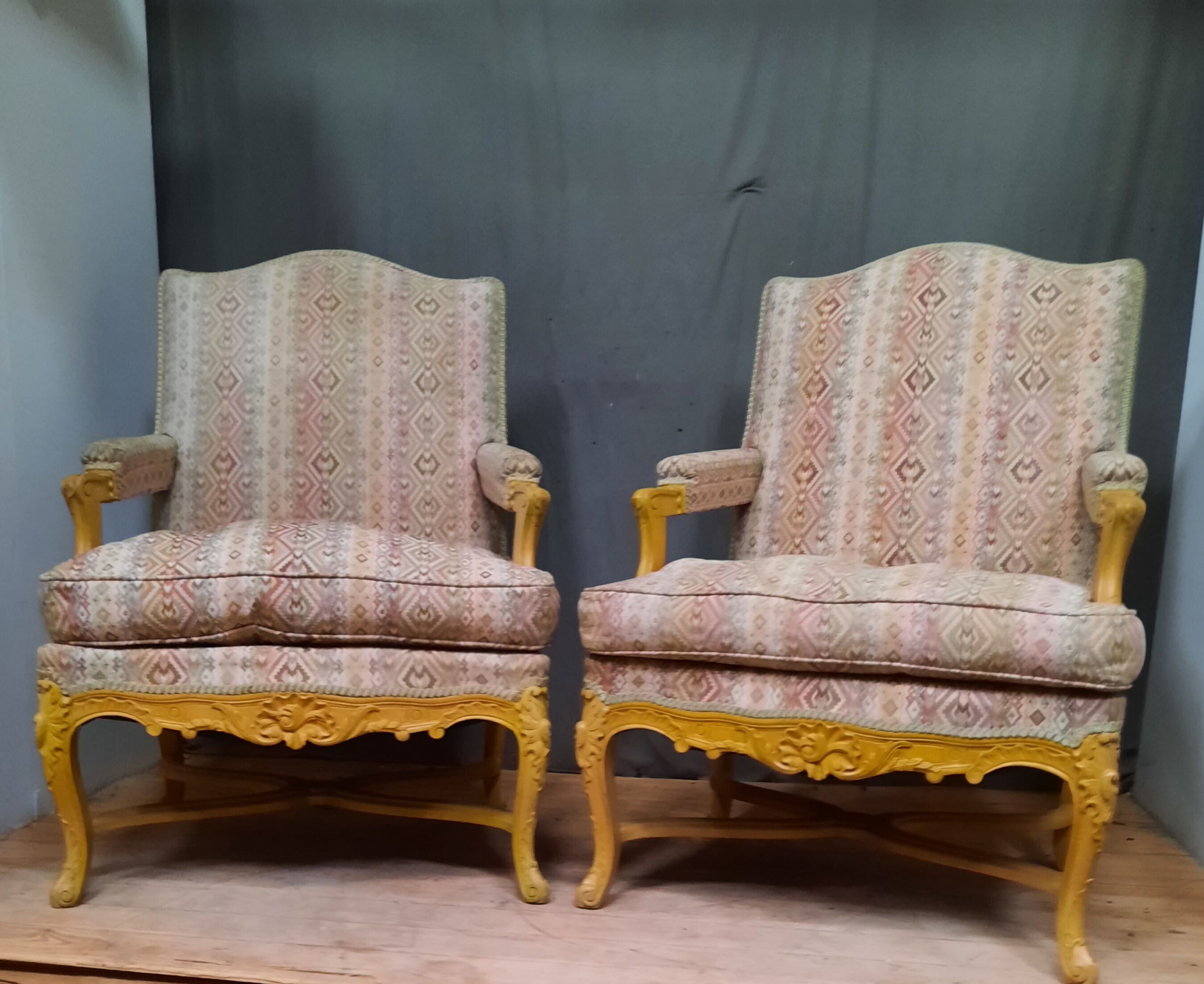 Pair of louis xv style upholstered armchairs