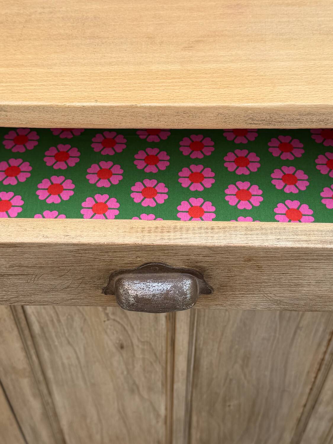 Antique patinated Parisian buffet with shell handles.