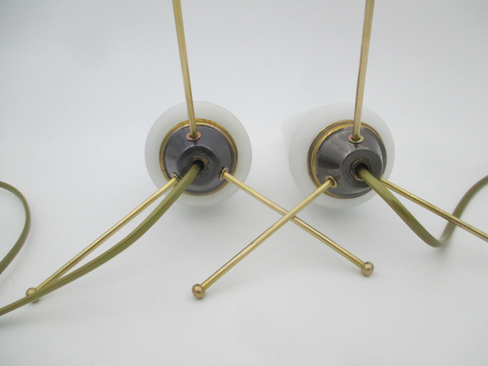 Pair of vintage brass tripod lamps and opaline tulips