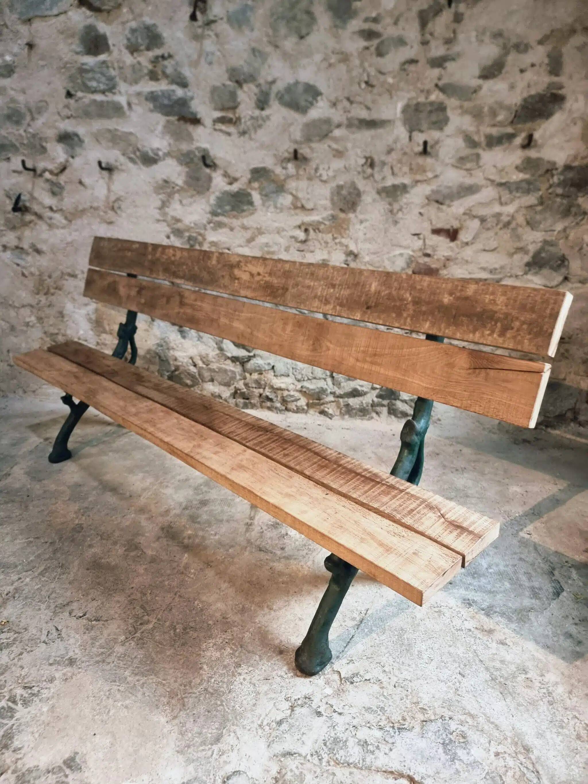 Antique French park bench in cast iron and oak – Sea green patina, 220 cm