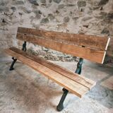 Antique French park bench in cast iron and oak – Sea green patina, 220 cm