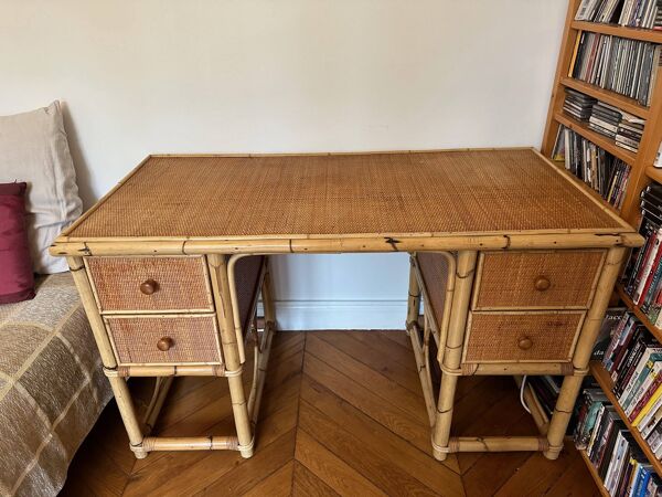 Bureau rotin, osier tressé et bois