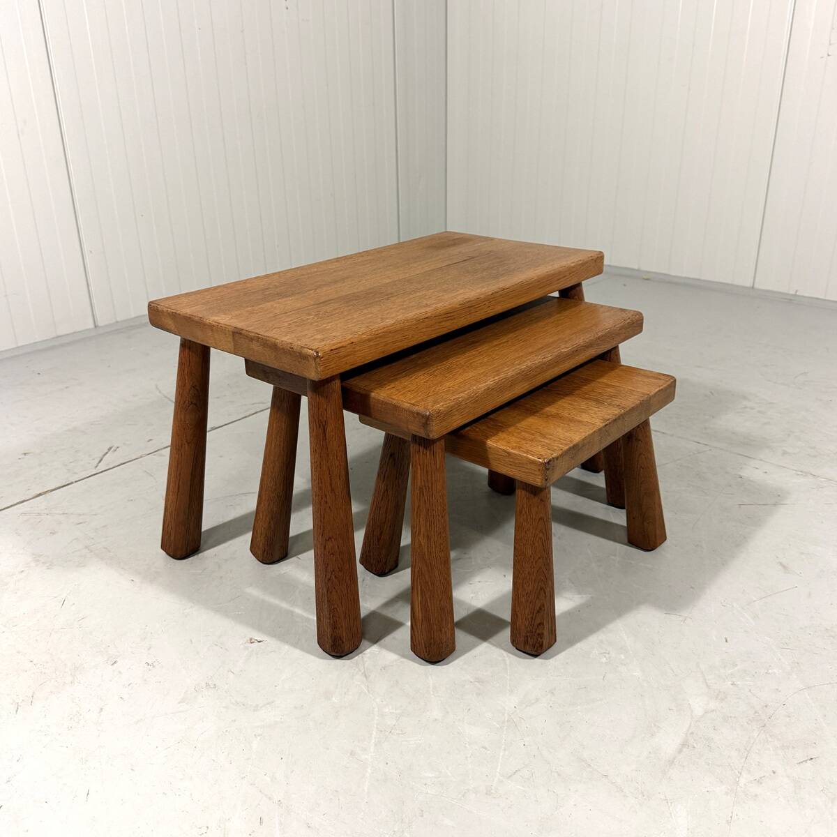 Brutalist rustic blond oak nesting tables