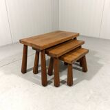 Brutalist rustic blond oak nesting tables