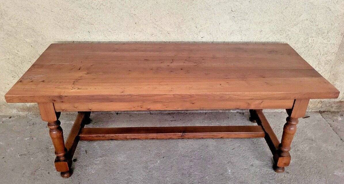 Large Louis XIII style farm table in solid cherry with light patina