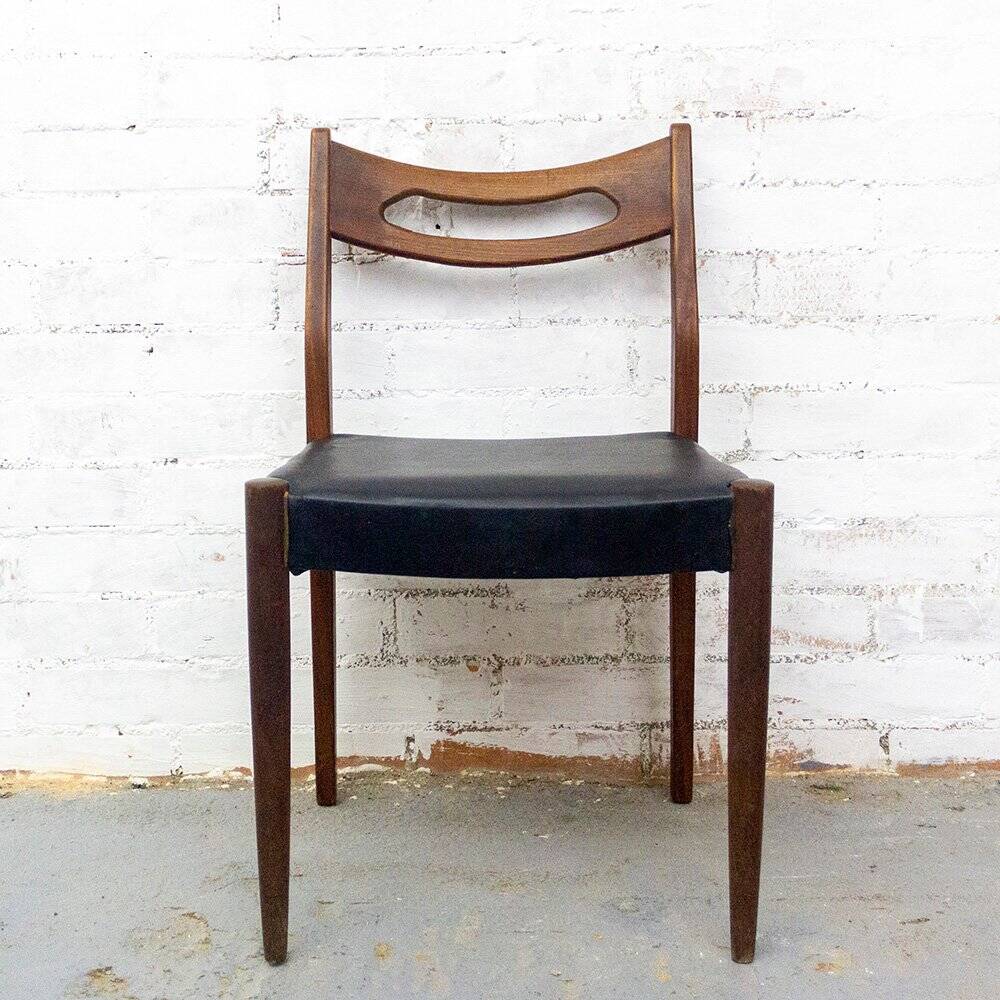 Teak and Black Leatherette Chairs, 1950s, Set of 6