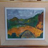 Old painting, oil on canvas from the 1950s, bridge against the backdrop of Mediterranean mountains